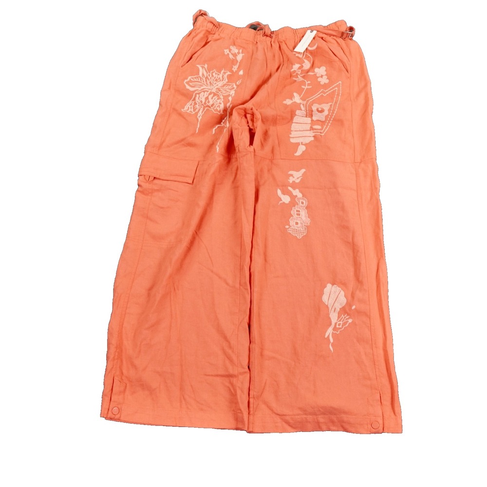 Pilcro Embroidered Wide Leg Pants Womens L Coral Linen Blend Anthropologie New‎